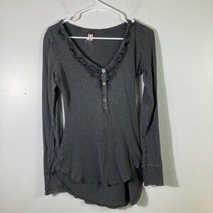 Womens We The Free Lace Button Boho V Neck Top Distressed Gray S